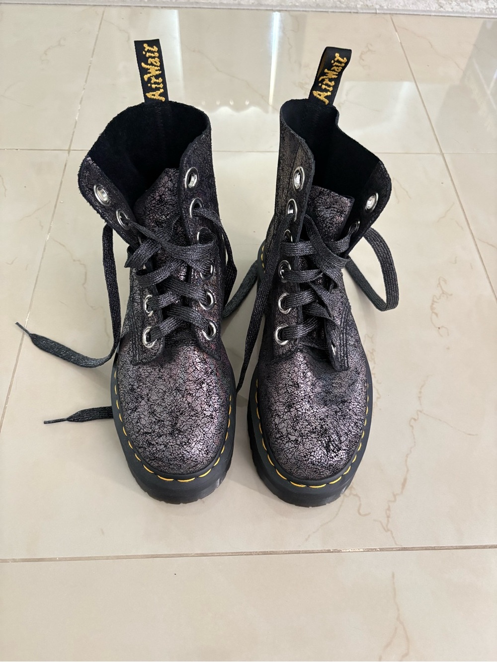 Dr. Martens Metallic Black Crackle Lace-Up Combat Boots
